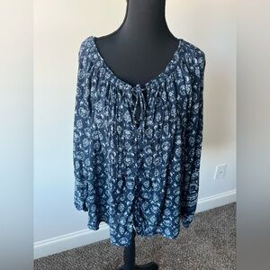 Lucky Brand Dark Blue Floral Boho Peasant Blouse Top Size XL